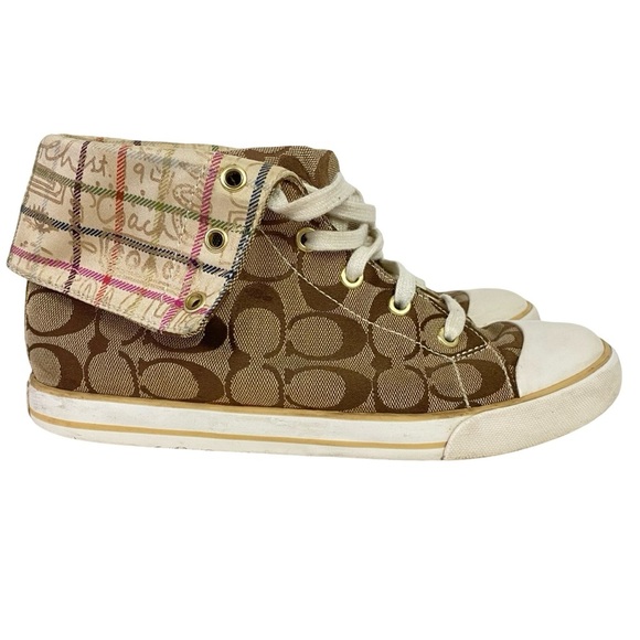 Coach Bonney High Top Sneakers Womens Size 9 Logo Jacquard Tan Brown Fold Down - Picture 2 of 13